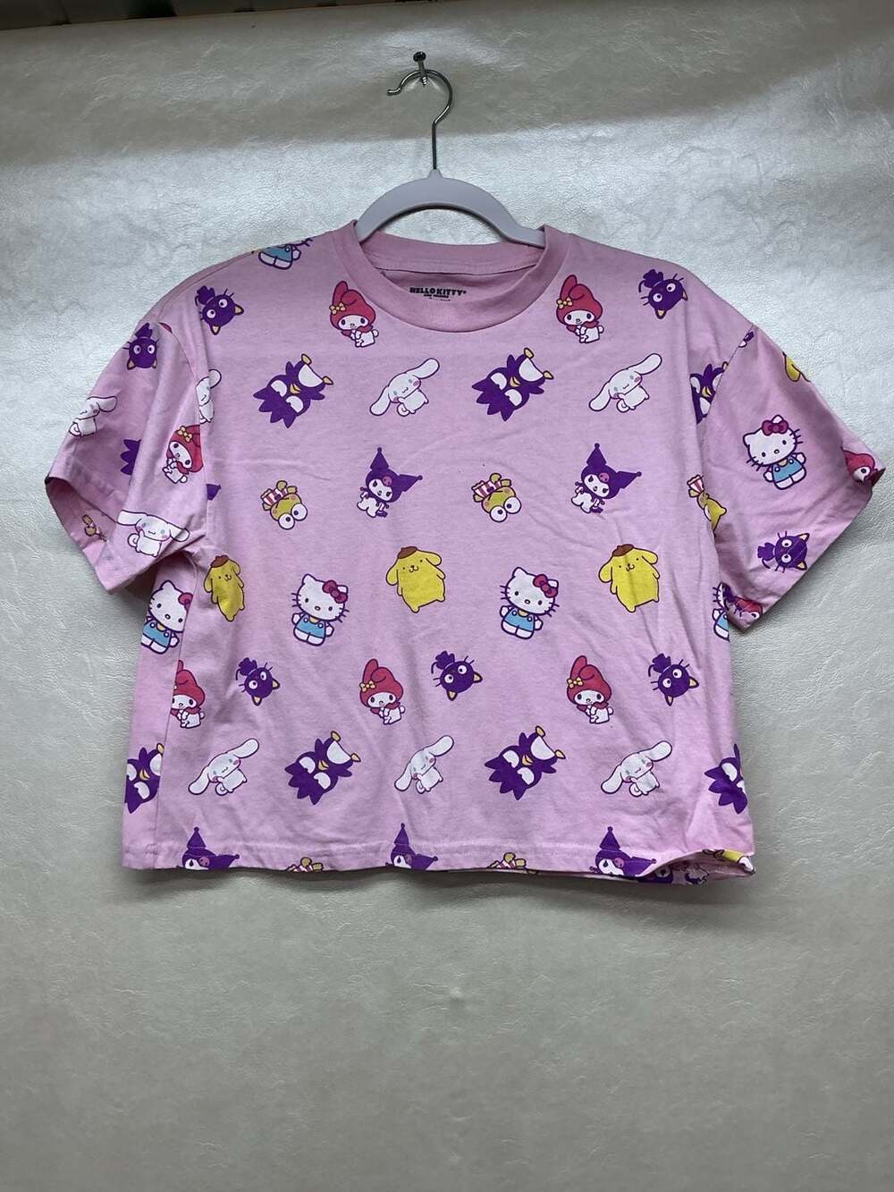 Hello Kitty and Friends Sanrio All Over Print Pink Cropped T-Shirt Size Medium